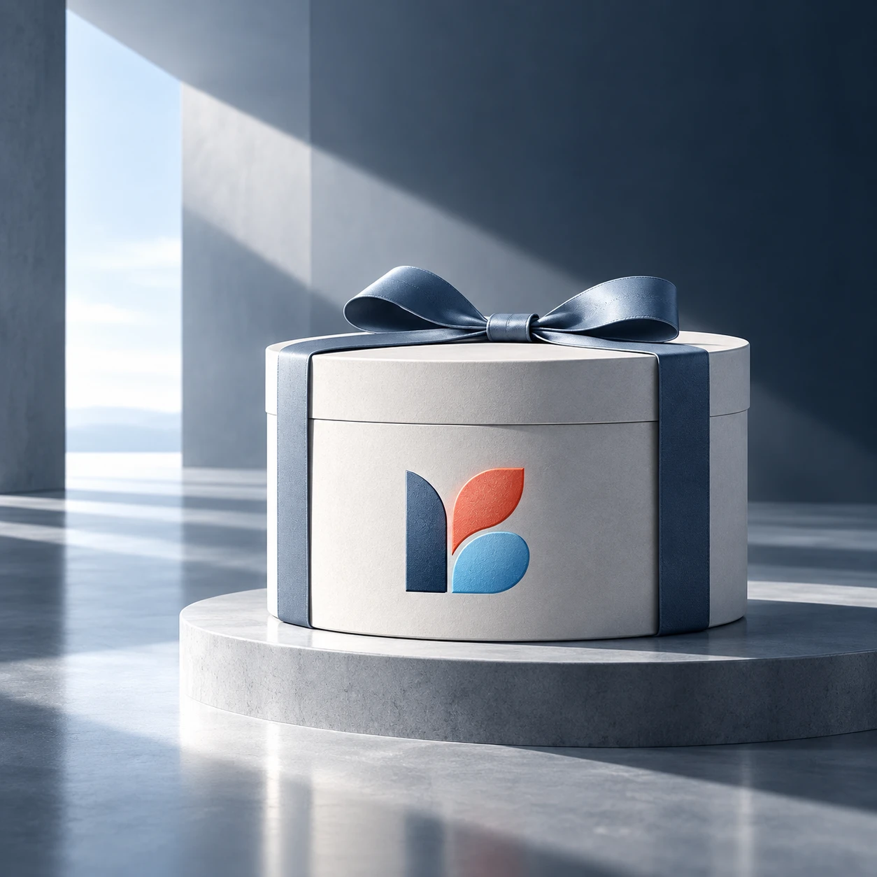 Round gift box with ribbon and logo