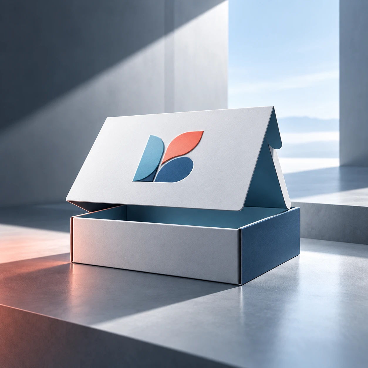 Open shipping box with brand mark