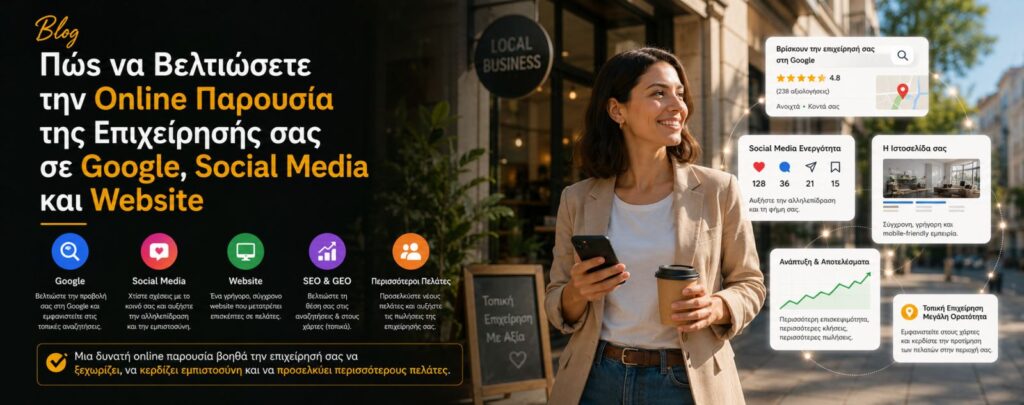 Online παρουσία επιχείρησης σε Google, Social Media και Website για περισσότερη εμπιστοσύνη και περισσότερους πελάτες.